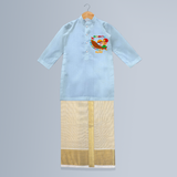 Onam Ashamsakal - Customised Cute Kurta And Mundu for kids - SKY BLUE - 0-6 Month Old (Chest 24", Kurta Length 14", Dhoti Length 14")