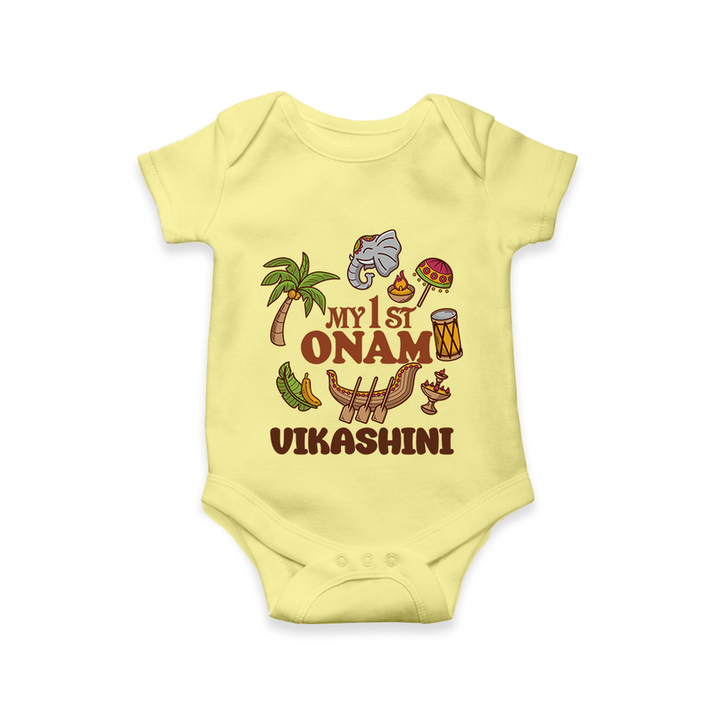 My First Onam Traditional Romper / Onesie | Custom Romper / Onesie for Celebrating Onam - PASTEL YELLOW - New Born (Chest 14")