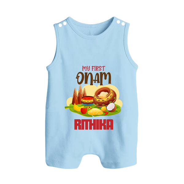 My First Onam Personalized Romper Suit / Sleeveless Romper | Custom Romper Suit / Sleeveless Romper to Celebrate Your Baby's First Onam - BABY BLUE - 0 - 5 Months Old (Chest 18")