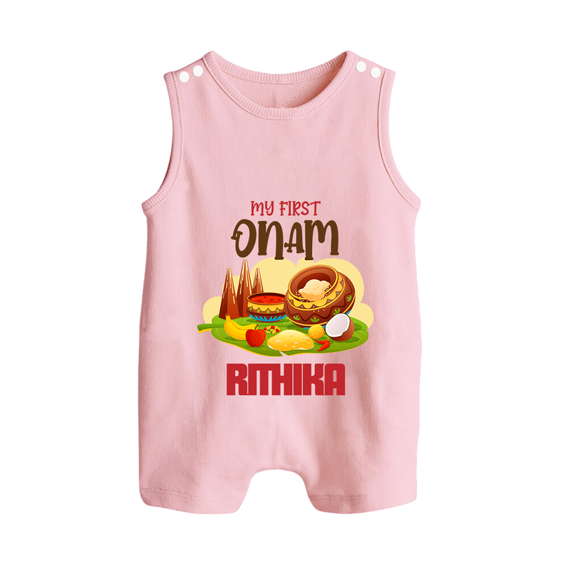 My First Onam Personalized Romper Suit / Sleeveless Romper | Custom Romper Suit / Sleeveless Romper to Celebrate Your Baby's First Onam - BABY PINK - 0 - 5 Months Old (Chest 18")