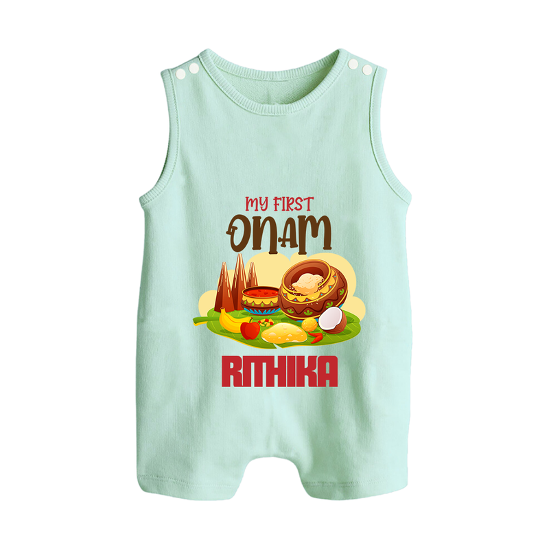 My First Onam Personalized Romper Suit / Sleeveless Romper | Custom Romper Suit / Sleeveless Romper to Celebrate Your Baby's First Onam - MINT GREEN - 0 - 5 Months Old (Chest 18")