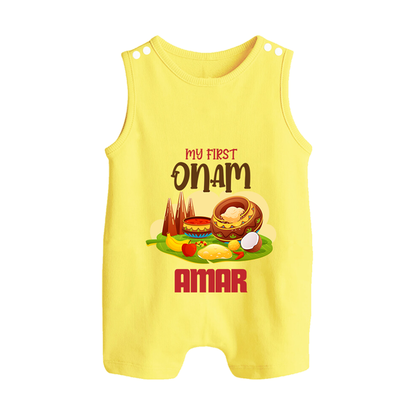 My First Onam Sadhya Feast Button Romper - PASTEL YELLOW - New Born (Chest 18")