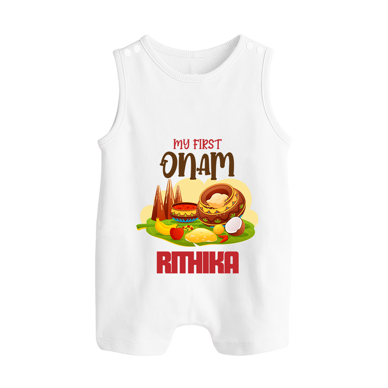 My First Onam Personalized Romper Suit / Sleeveless Romper | Custom Romper Suit / Sleeveless Romper to Celebrate Your Baby's First Onam - WHITE - 0 - 5 Months Old (Chest 18")