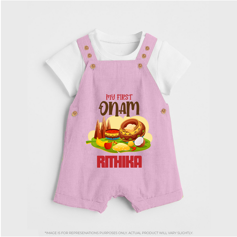 My First Onam Personalized Dungaree Set | Custom Dungaree Set to Celebrate Your Baby's First Onam - BABY PINK - 0 - 5 Months Old (Chest 18")