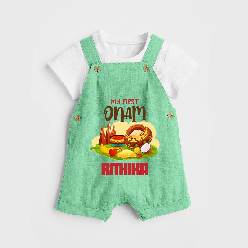My First Onam Personalized Dungaree Set | Custom Dungaree Set to Celebrate Your Baby's First Onam - GREEN - 0 - 5 Months Old (Chest 18")