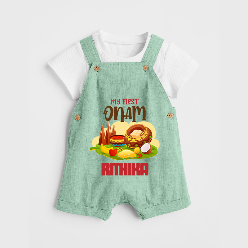 My First Onam Personalized Dungaree Set | Custom Dungaree Set to Celebrate Your Baby's First Onam - MINT GREEN - 0 - 5 Months Old (Chest 18")