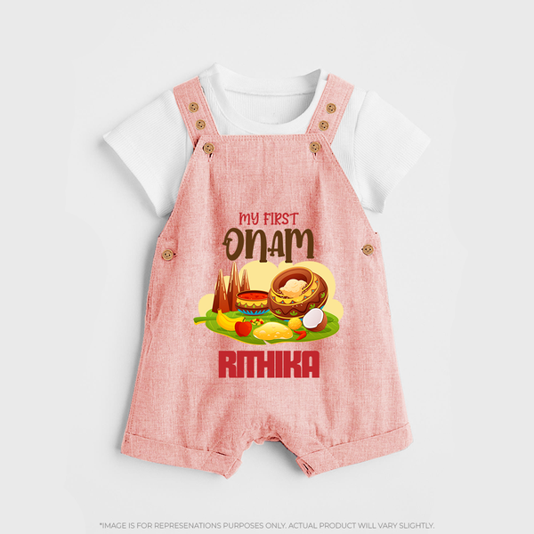 My First Onam Personalized Dungaree Set | Custom Dungaree Set to Celebrate Your Baby's First Onam - PEACH - 0 - 5 Months Old (Chest 18")