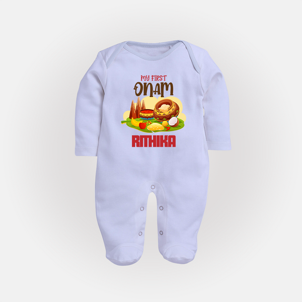 My First Onam Personalized Sleep Suit | Custom Sleep Suit to Celebrate Your Baby's First Onam - BABY BLUE - New Born (Chest 7.5")