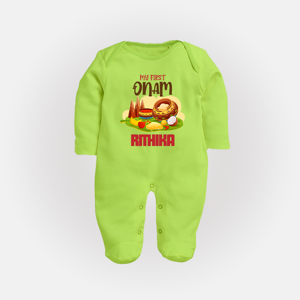 My First Onam Personalized Sleep Suit | Custom Sleep Suit to Celebrate Your Baby's First Onam - LIME GREEN - New Born (Chest 7.5")