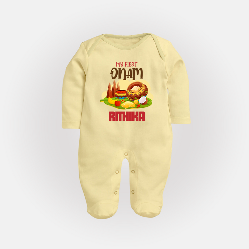 My First Onam Personalized Sleep Suit | Custom Sleep Suit to Celebrate Your Baby's First Onam - PASTEL YELLOW - New Born (Chest 7.5")