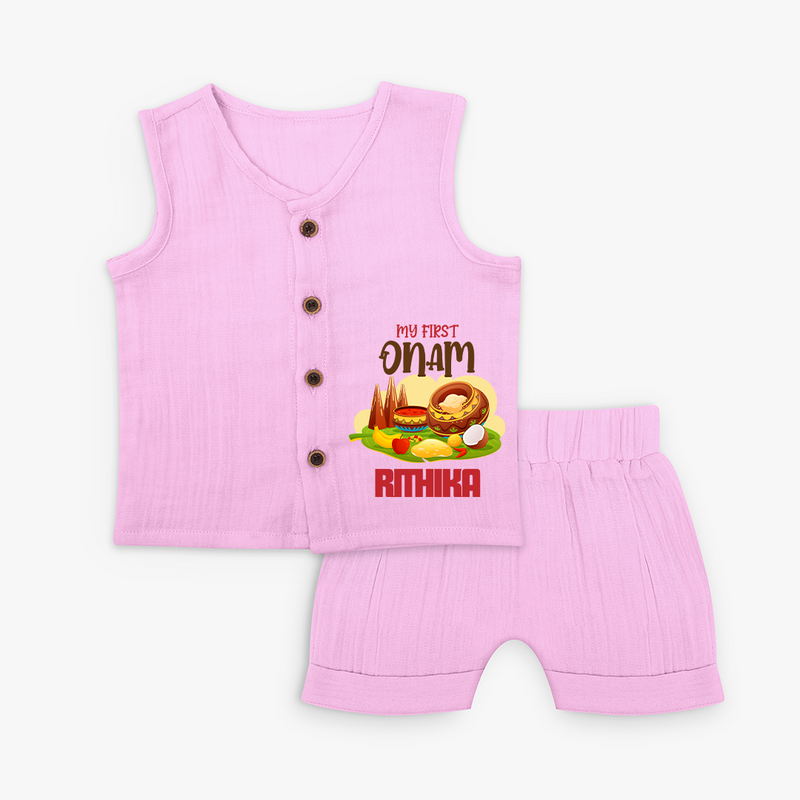 My First Onam Personalized Jabla Set | Custom Jabla Set to Celebrate Your Baby's First Onam - BABY PINK - 0 - 3 Months Old (Chest 9.8")