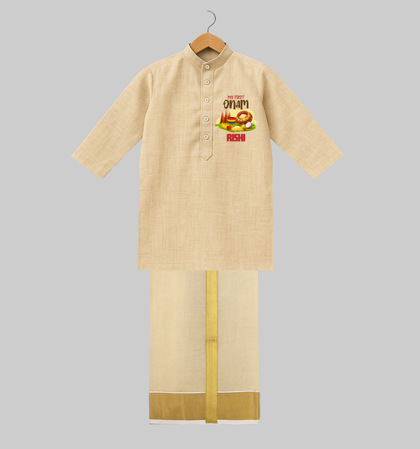 My First Onam Personalized Juba And Mundu | Custom Juba And Mundu to Celebrate Your Baby's First Onam - KASAVU - 3 - 6 Months Old (Chest 24", Kurta Length 14'', Dhoti length-14")