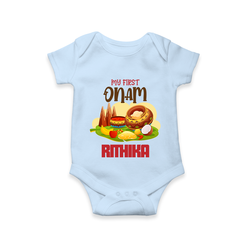 My First Onam Personalized Romper / Onesie | Custom Romper / Onesie to Celebrate Your Baby's First Onam - BABY BLUE - New Born (Chest 14")