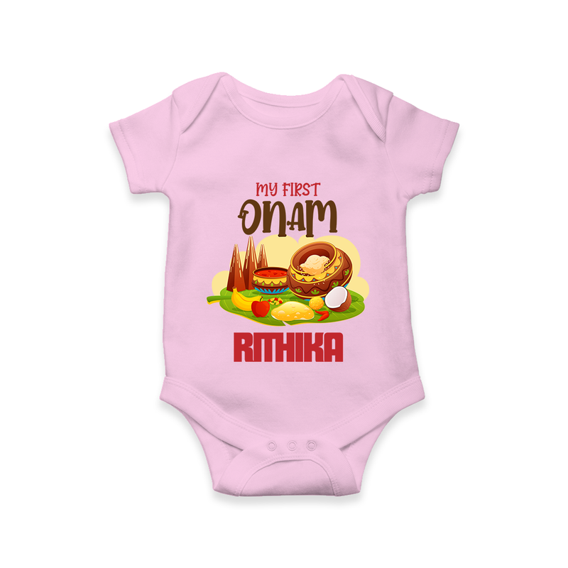 My First Onam Personalized Romper / Onesie | Custom Romper / Onesie to Celebrate Your Baby's First Onam - BABY PINK - New Born (Chest 14")