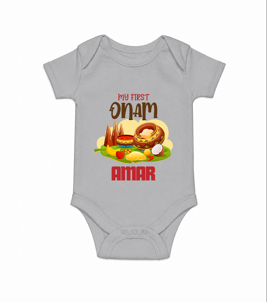 My First Onam Sadhya Feast Romper - GREY - New Born (Chest 14")