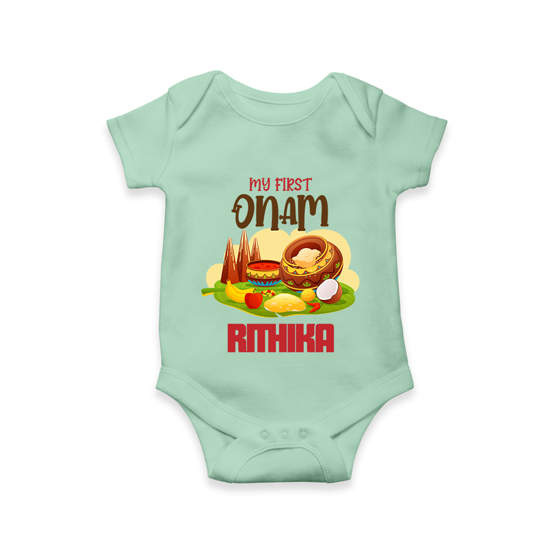 My First Onam Personalized Romper / Onesie | Custom Romper / Onesie to Celebrate Your Baby's First Onam - MINT GREEN - New Born (Chest 14")