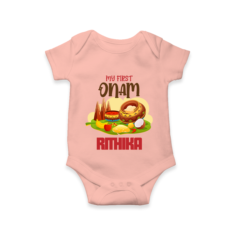 My First Onam Personalized Romper / Onesie | Custom Romper / Onesie to Celebrate Your Baby's First Onam - PEACH - New Born (Chest 14")
