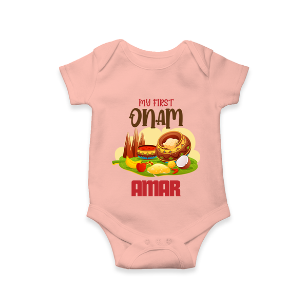 My First Onam Sadhya Feast Romper - PEACH - New Born (Chest 14")