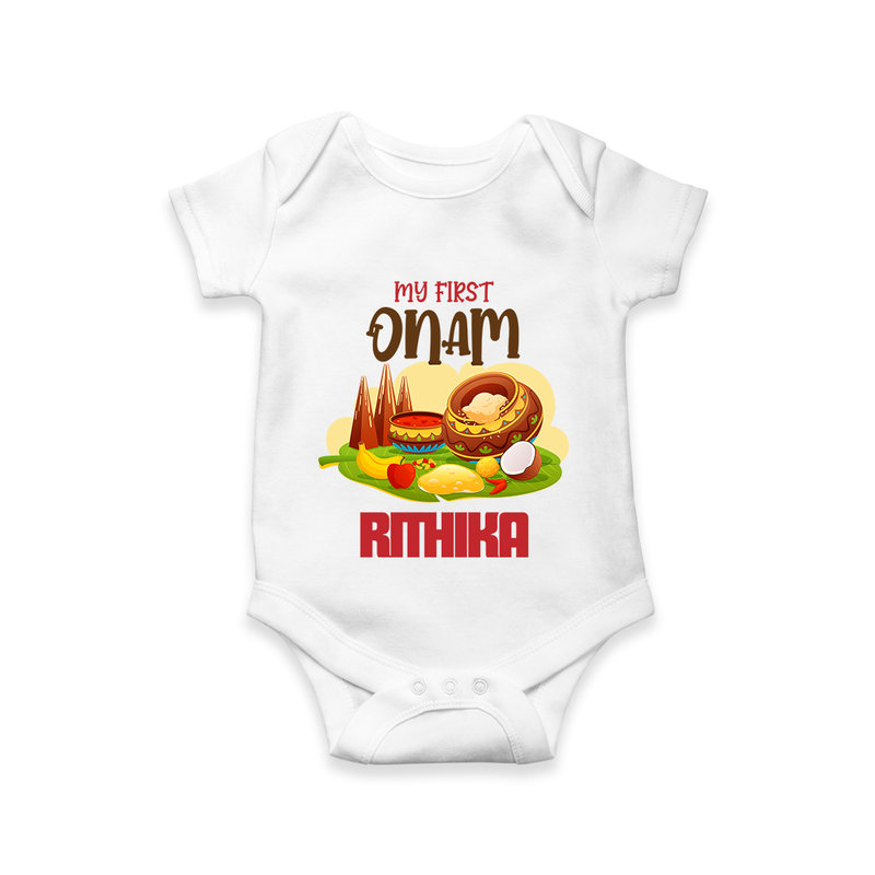 My First Onam Personalized Romper / Onesie | Custom Romper / Onesie to Celebrate Your Baby's First Onam - WHITE - New Born (Chest 14")