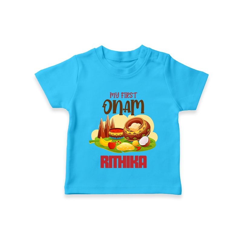 My First Onam Personalized T-Shirt | Custom T-Shirt to Celebrate Your Baby's First Onam - SKY BLUE - 0-5 Months Old (Chest 17")