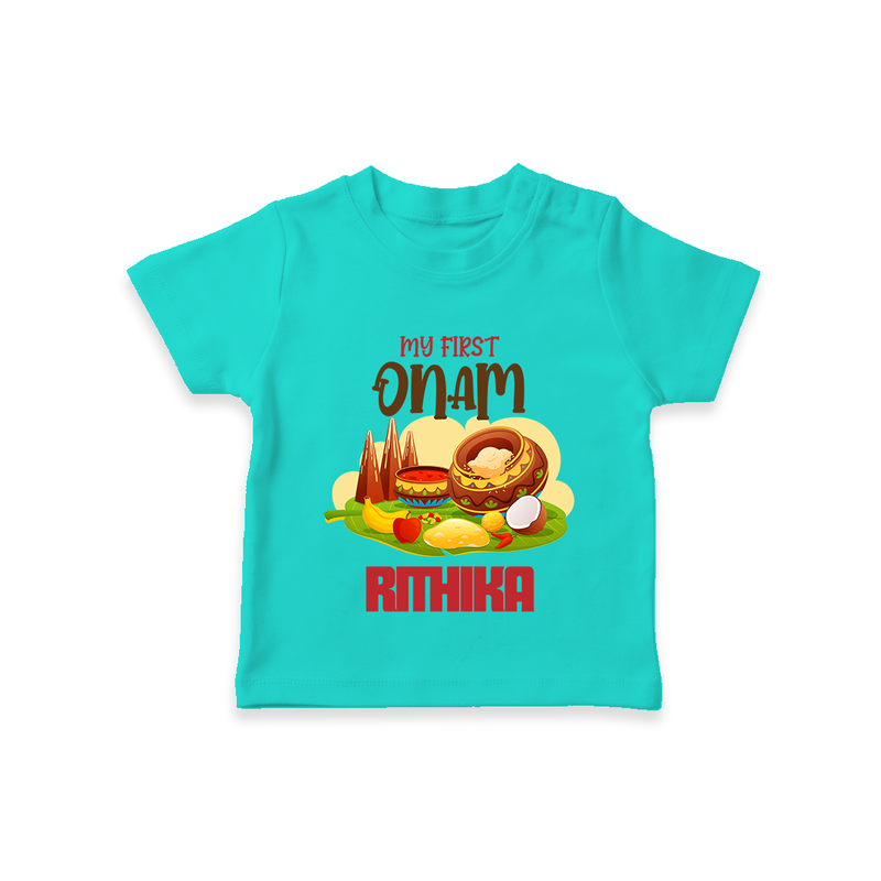 My First Onam Personalized T-Shirt | Custom T-Shirt to Celebrate Your Baby's First Onam - TEAL - 0-5 Months Old (Chest 17")