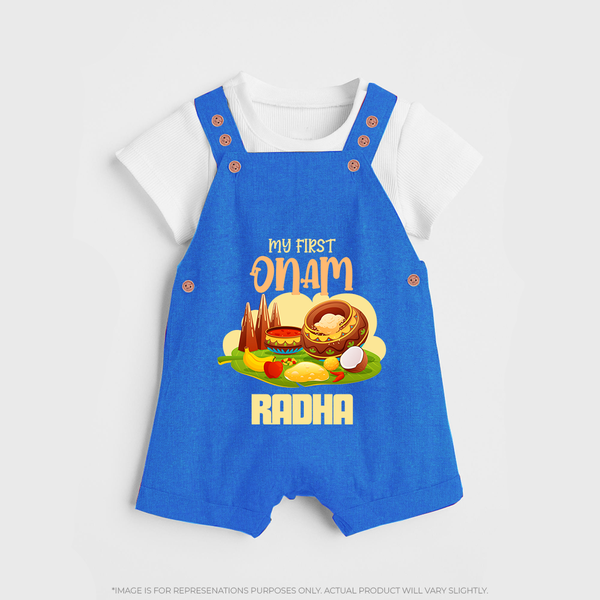 My First Onam Personalized Dungaree Set | Custom Dungaree Set to Celebrate Your Baby's First Onam - COBALT BLUE - 0 - 5 Months Old (Chest 18")