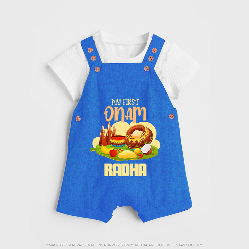 My First Onam Personalized Dungaree Set | Custom Dungaree Set to Celebrate Your Baby's First Onam - COBALT BLUE - 0 - 5 Months Old (Chest 18")
