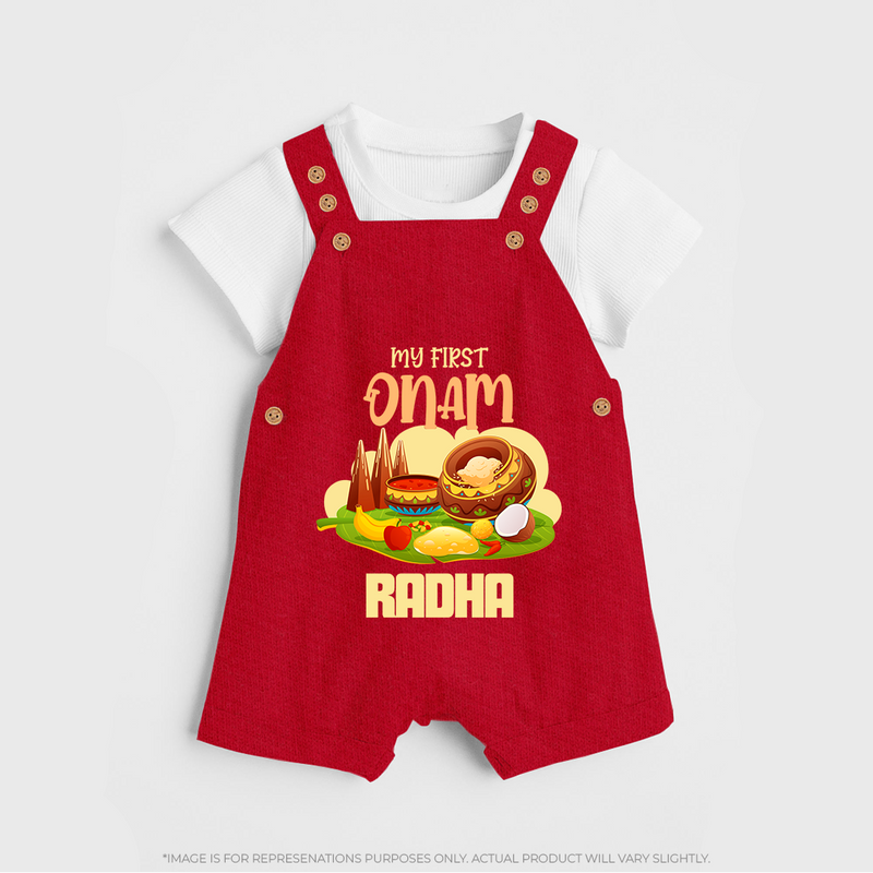 My First Onam Personalized Dungaree Set | Custom Dungaree Set to Celebrate Your Baby's First Onam - RED - 0 - 5 Months Old (Chest 18")