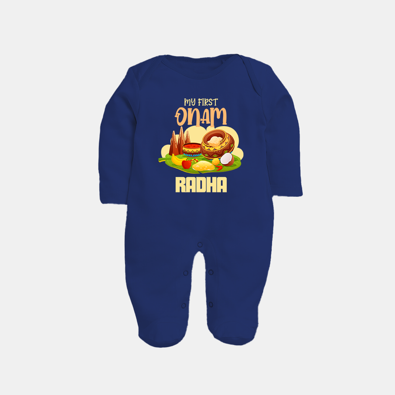 My First Onam Personalized Sleep Suit | Custom Sleep Suit to Celebrate Your Baby's First Onam - NAVY BLUE - New Born (Chest 7.5")