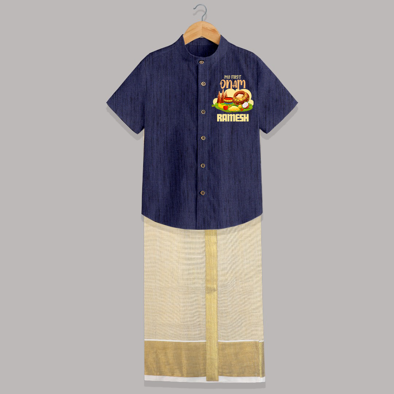 My First Onam Personalized Shirt And Dhoti | Custom Shirt And Dhoti to Celebrate Your Baby's First Onam - DARK BLUE - 0 - 6 Months Old (Chest-23") (Dhoti length-14")