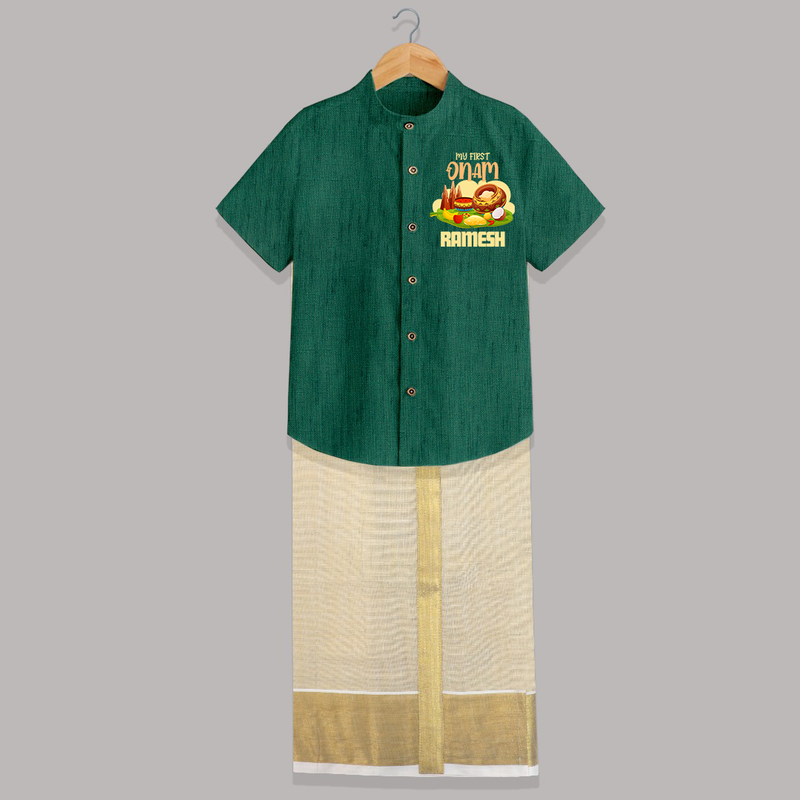 My First Onam Personalized Shirt And Dhoti | Custom Shirt And Dhoti to Celebrate Your Baby's First Onam - DARK GREEN - 0 - 6 Months Old (Chest-23") (Dhoti length-14")