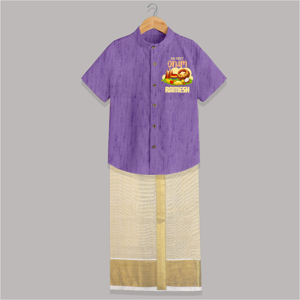My First Onam Personalized Shirt And Dhoti | Custom Shirt And Dhoti to Celebrate Your Baby's First Onam - ROYAL PURPLE - 0 - 6 Months Old (Chest-23") (Dhoti length-14")