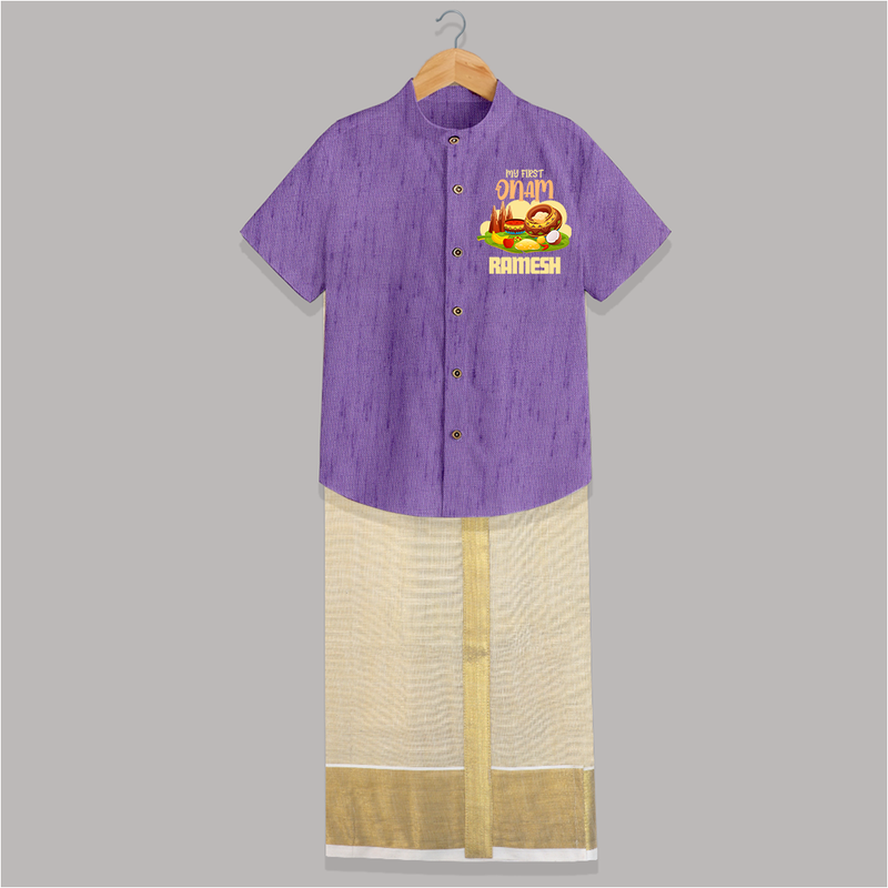 My First Onam Personalized Shirt And Dhoti | Custom Shirt And Dhoti to Celebrate Your Baby's First Onam - ROYAL PURPLE - 0 - 6 Months Old (Chest-23") (Dhoti length-14")