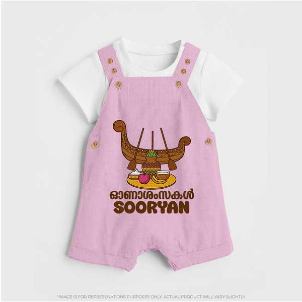Onam Wishes Dungaree Set | Personalized Baby Dungaree Set for Onam Festival - BABY PINK - 0 - 5 Months Old (Chest 18")