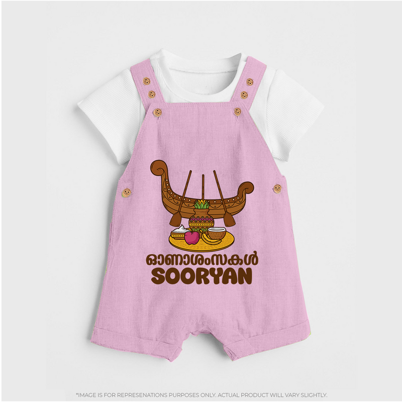 Onam Wishes Dungaree Set | Personalized Baby Dungaree Set for Onam Festival - BABY PINK - 0 - 5 Months Old (Chest 18")