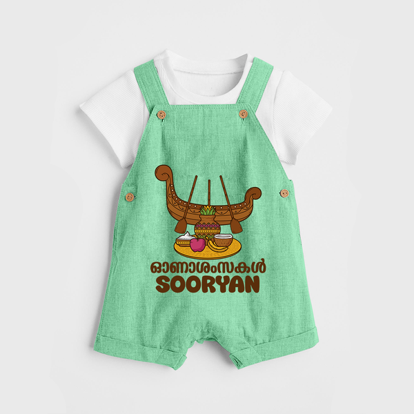 Onam Wishes Dungaree Set | Personalized Baby Dungaree Set for Onam Festival - GREEN - 0 - 5 Months Old (Chest 18")