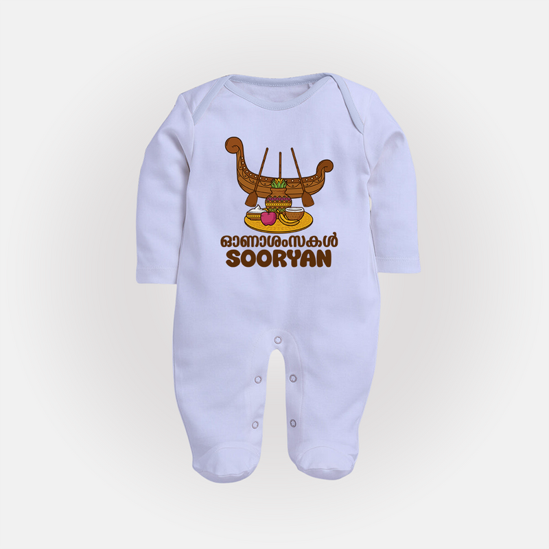 Onam Wishes Sleep Suit | Personalized Baby Sleep Suit for Onam Festival - BABY BLUE - New Born (Chest 7.5")