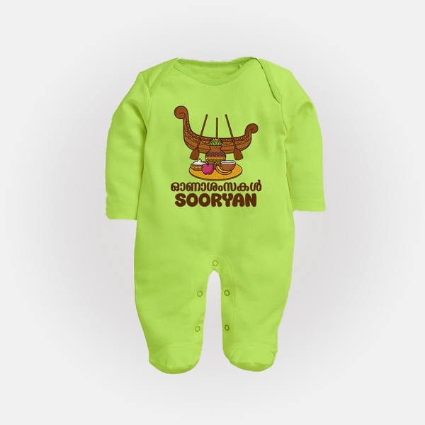 Onam Wishes Sleep Suit | Personalized Baby Sleep Suit for Onam Festival - LIME GREEN - New Born (Chest 7.5")