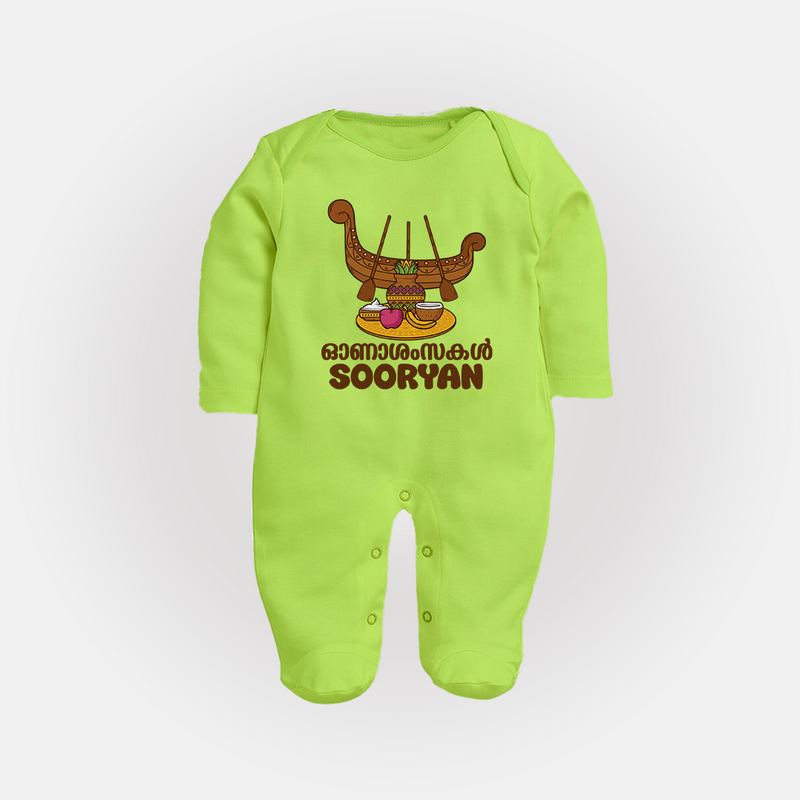 Onam Wishes Sleep Suit | Personalized Baby Sleep Suit for Onam Festival - LIME GREEN - New Born (Chest 7.5")
