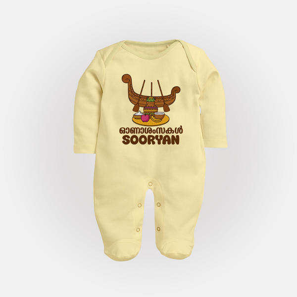 Onam Wishes Sleep Suit | Personalized Baby Sleep Suit for Onam Festival - PASTEL YELLOW - New Born (Chest 7.5")