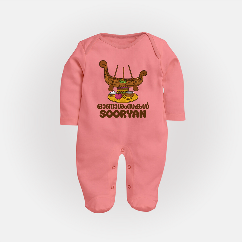 Onam Wishes Sleep Suit | Personalized Baby Sleep Suit for Onam Festival - PEACH - New Born (Chest 7.5")