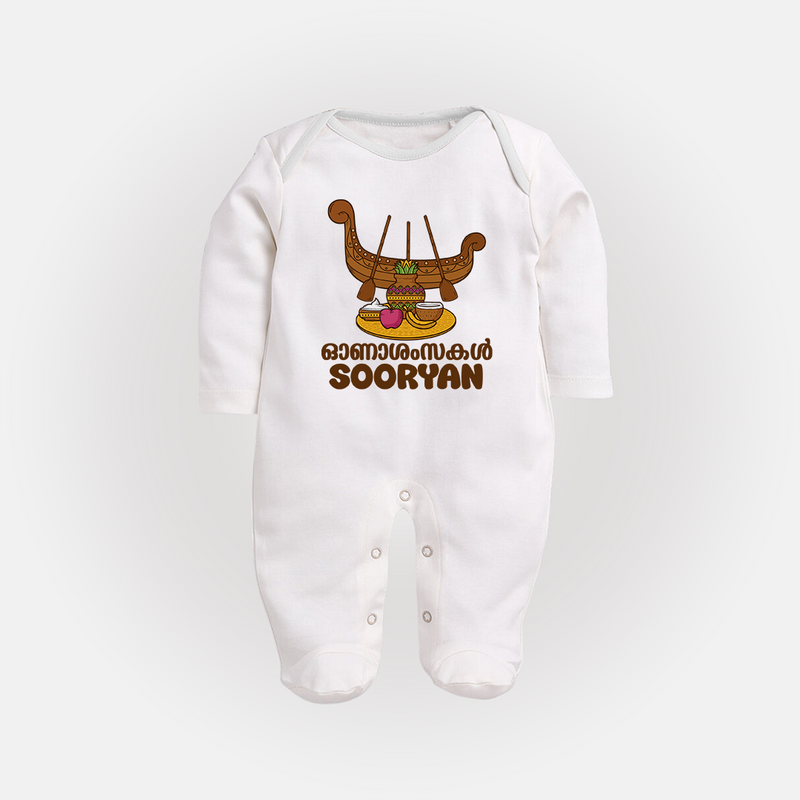 Onam Wishes Sleep Suit | Personalized Baby Sleep Suit for Onam Festival - WHITE - New Born (Chest 7.5")