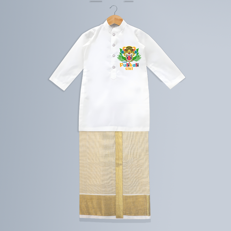 Little Pulikali - Customised Kurta And Mundu for kids - WHITE - 0-6 Month Old (Chest 24", Kurta Length 14", Dhoti Length 14")