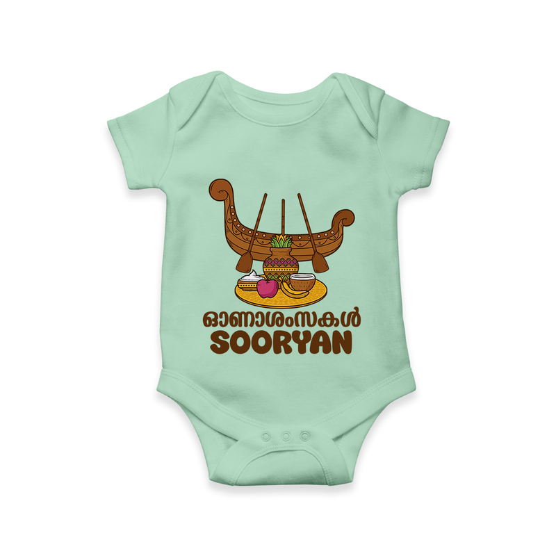 Onam Wishes Romper / Onesie | Personalized Baby Romper / Onesie for Onam Festival - MINT GREEN - New Born (Chest 14")