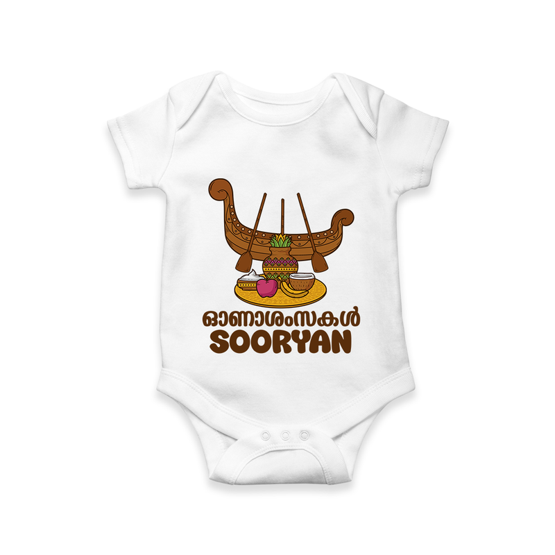Onam Wishes Romper / Onesie | Personalized Baby Romper / Onesie for Onam Festival - WHITE - New Born (Chest 14")