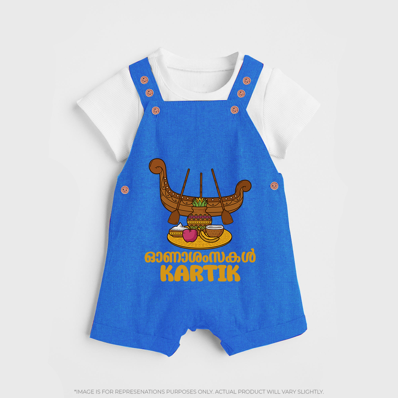 Onam Wishes Dungaree Set | Personalized Baby Dungaree Set for Onam Festival - COBALT BLUE - 0 - 5 Months Old (Chest 18")