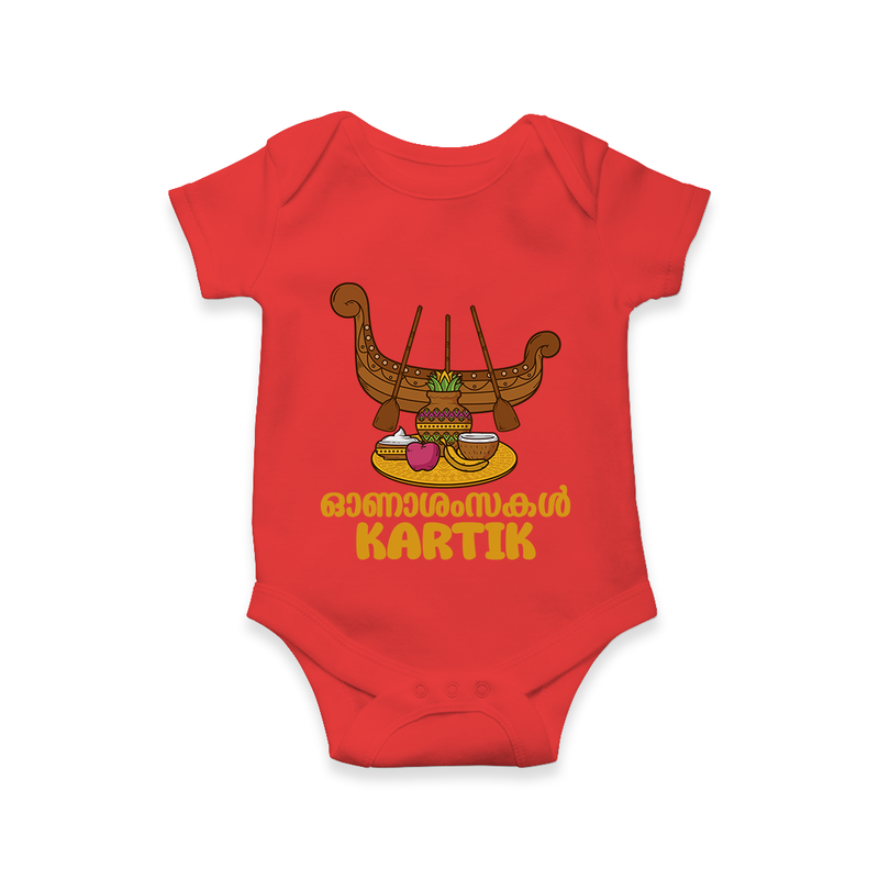 Onam Wishes Romper / Onesie | Personalized Baby Romper / Onesie for Onam Festival - RED - New Born (Chest 14")