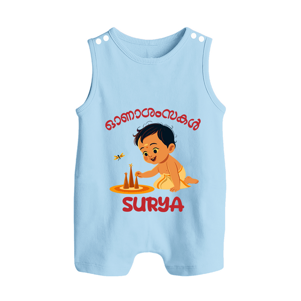 Onam Wishes - Little One's First Onam Romper Suit | Personalized Baby Romper Suit for the Onam Festival - BABY BLUE - 0 - 5 Months Old (Chest 18")