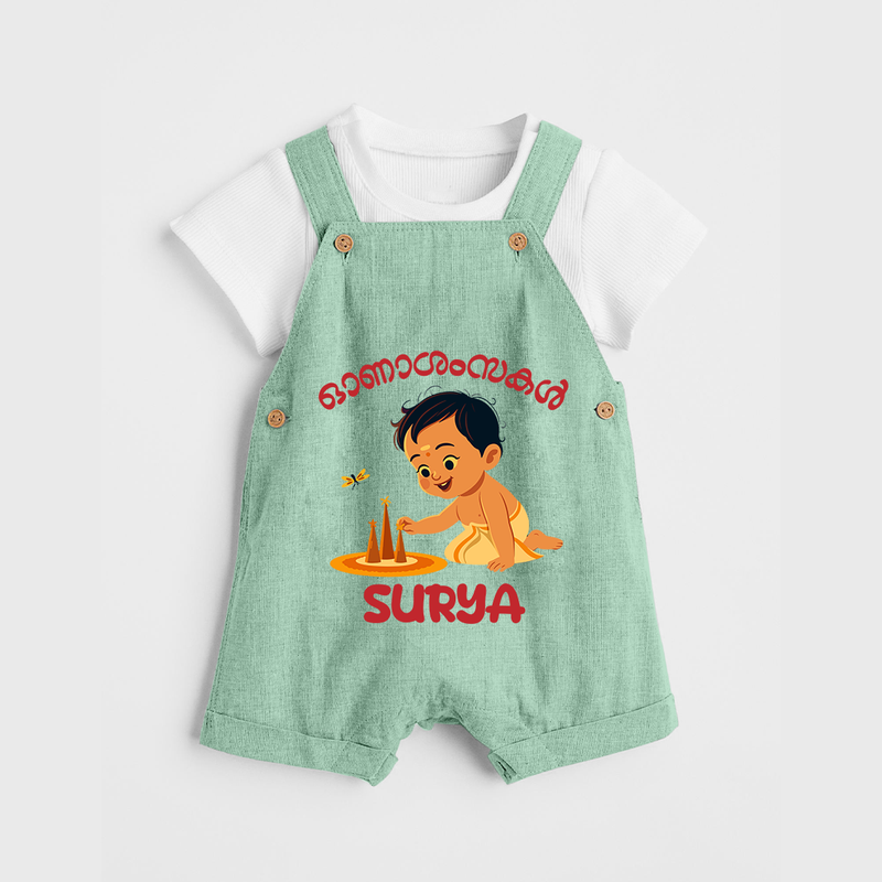 Onam Wishes - Little One's First Onam Dungaree Set | Personalized Baby Dungaree Set for the Onam Festival - MINT GREEN - 0 - 5 Months Old (Chest 18")
