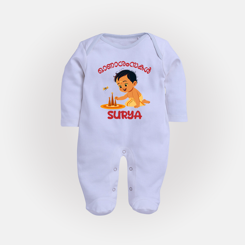 Onam Wishes - Little One's First Onam Sleep Suit | Personalized Baby Sleep Suit for the Onam Festival - BABY BLUE - New Born (Chest 7.5")